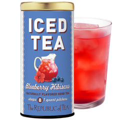 The Republic of Tea Blueberry Hibiscus Iced Tea bags for caffeine-free refreshment.