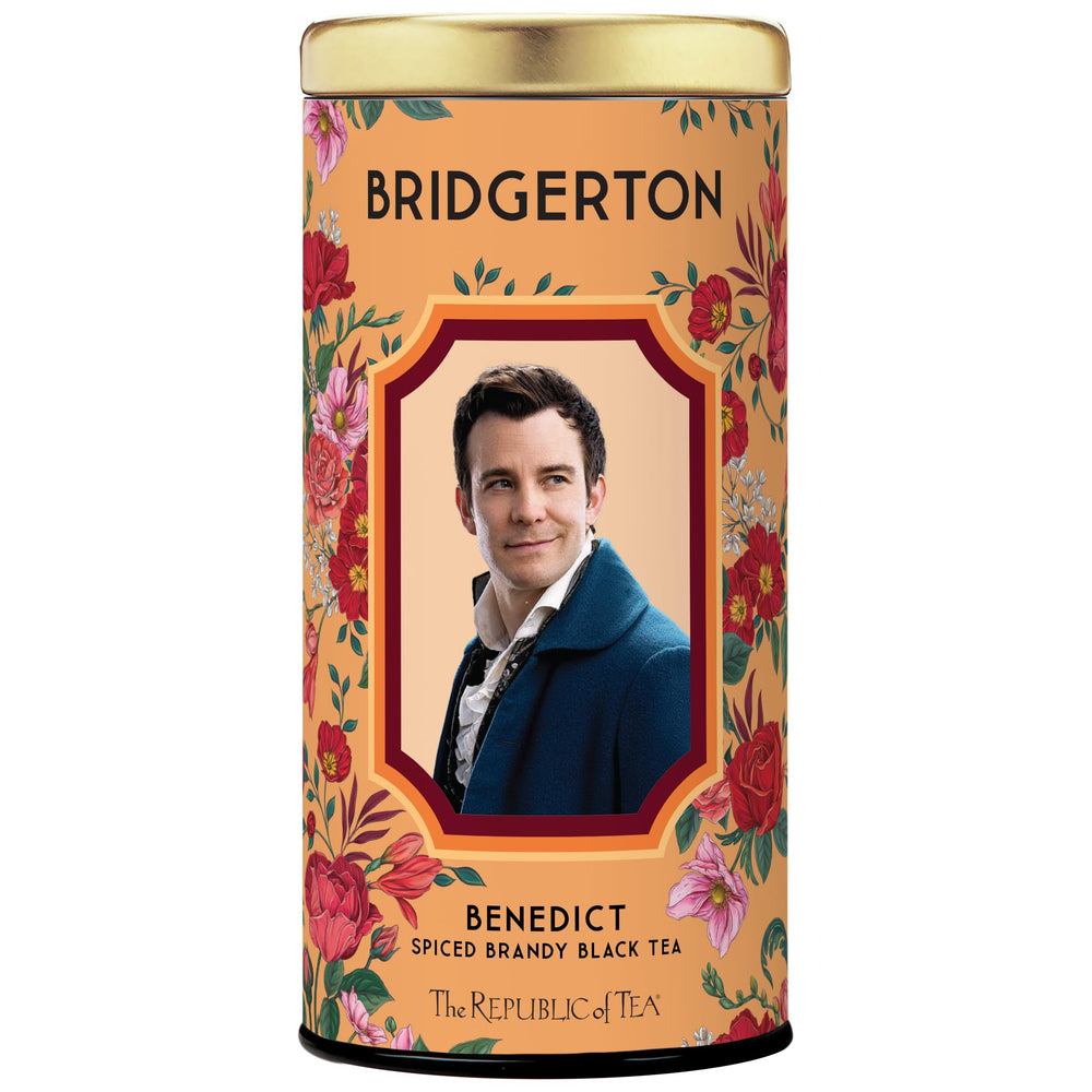 The Republic of Tea Bridgerton Benedict tea bag beside a cup, ready for refined brewing.