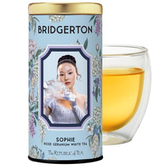 The Republic of Tea Bridgerton Sophie Rose Geranium White Tea cup shows a refined, comforting infusion