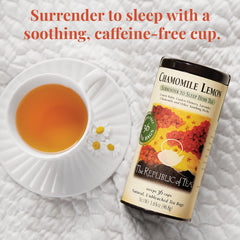 Cup and teabag steeping The Republic of Tea chamomile lemon blend