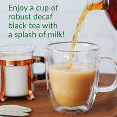 The Republic of Tea decaf British Breakfast label highlights natural decaffeination