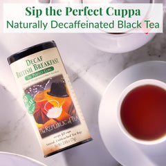 The Republic of Tea decaf British Breakfast tin keeps premium flavor ready