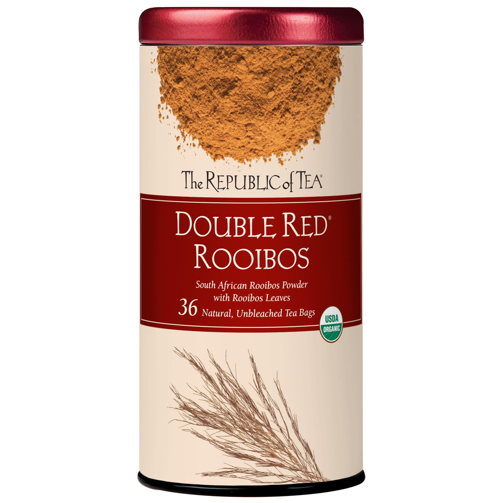 The Republic of Tea packaging for Double Red Rooibos, caffeine-free.