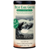 The Republic of Tea Earl Greyer Decaf tea bag in a cup for caffeine-free enjoyment.