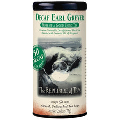 The Republic of Tea Earl Greyer Decaf tea bag in a cup for caffeine-free enjoyment.
