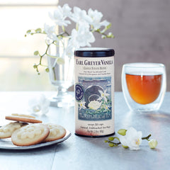 Packaging photo of The Republic of Tea Earl Greyer Vanilla highlighting non-GMO and gluten-free attributes.