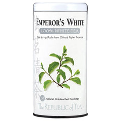 The Republic of Tea Emperor's White Tea tin front view showing premium tea and low caffeine.