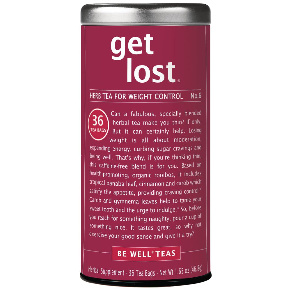 The Republic of Tea Get Lost 6 weight control tea tin on display, caffeine-free blend
