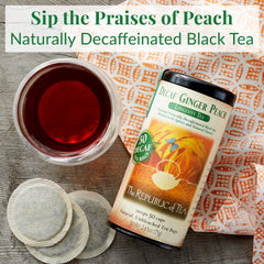 The Republic of Tea ginger peach black tea cup showing caffeine-free option for evenings.