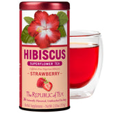 The Republic of Tea hibiscus strawberry tea bags on packaging, caffeine-free and ready to brew.