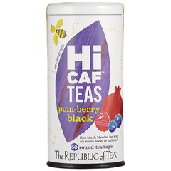 The Republic of Tea HiCAF Pom-Berry tea bags ready to brew.