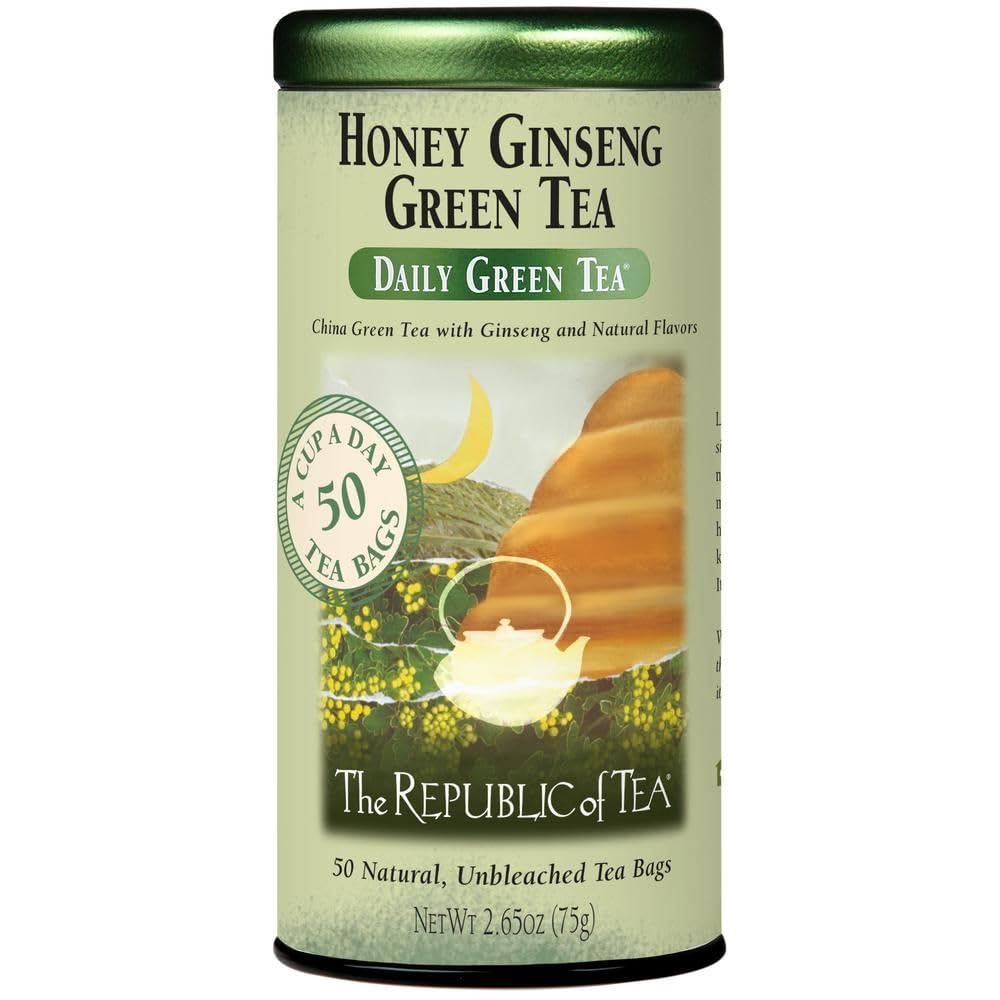 The Republic of Tea Honey Ginseng Green Tea tin promotes a relaxing afternoon ritual.