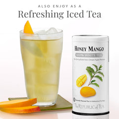 The Republic of Tea Honey Mango iced tea, a refreshing low-caffeine option.