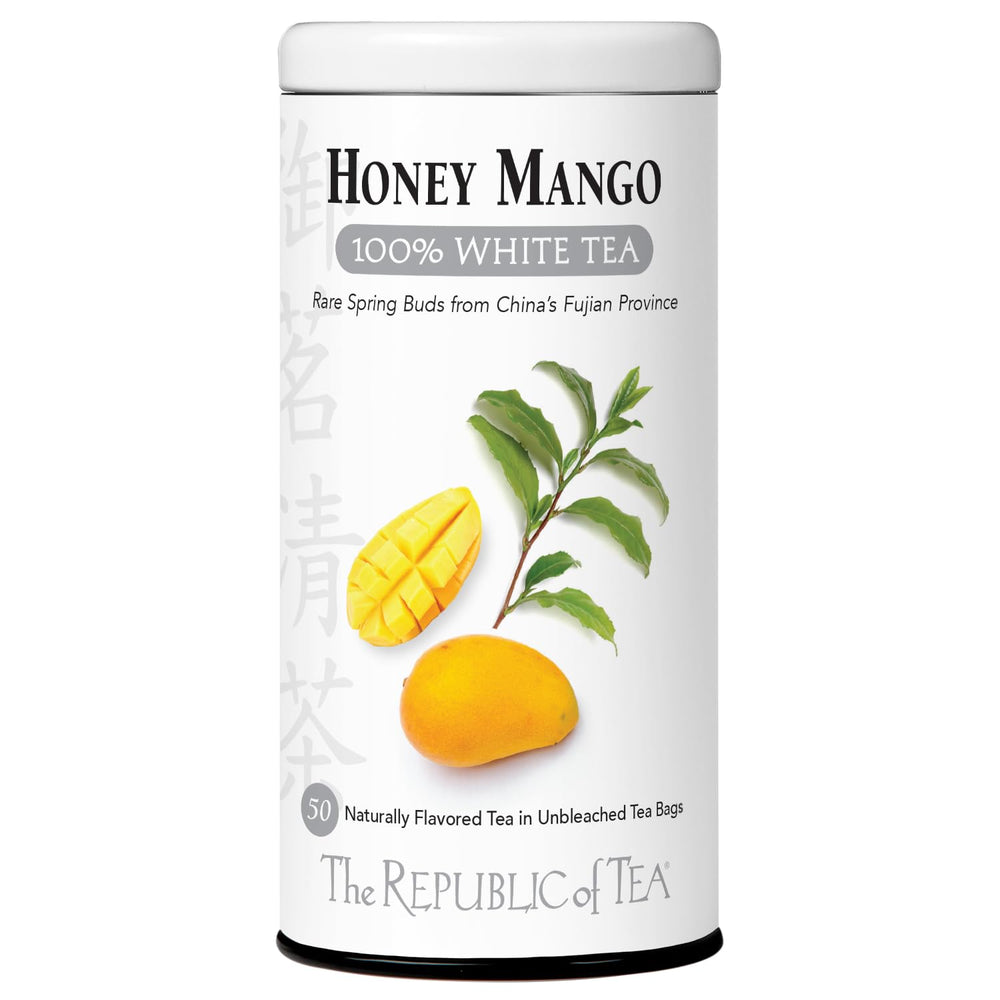The Republic of Tea Honey Mango white tea bag, fragrant mango aroma for a light, refreshing cup.