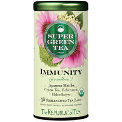 The Republic of Tea Immunity SuperGreen box front, showcasing premium matcha blend for daily wellness.