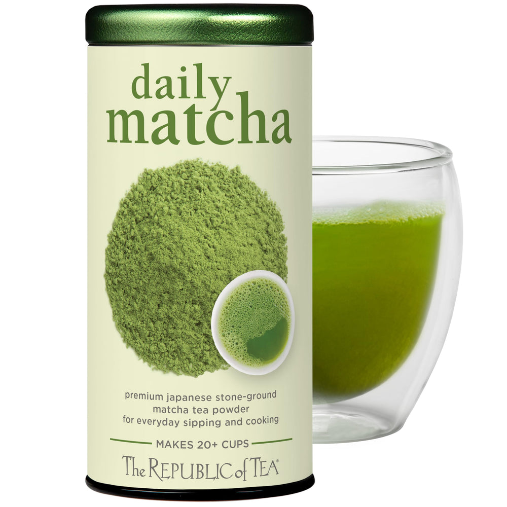 The Republic of Tea Japanese Daily Matcha powder tin, convenient, ready-to-use daily ritual