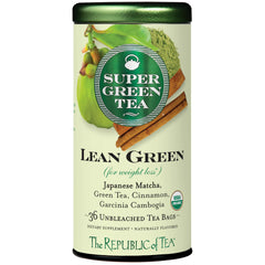 The Republic of Tea Lean Green tea bag label highlights organic blend for daily energy.