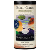 The Republic of Tea Mango Ceylon Black Tea tin with mango aroma, perfect for a refreshing sip.