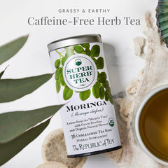 The Republic of Tea Moringa SuperHerb tin label closeup highlights organic ingredients.