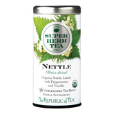 The Republic of Tea nettle superherb tea tin with organic blend and caffeine-free aroma.