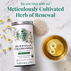 The Republic of Tea Organic Chamomile Tin highlighting organic, caffeine-free quality