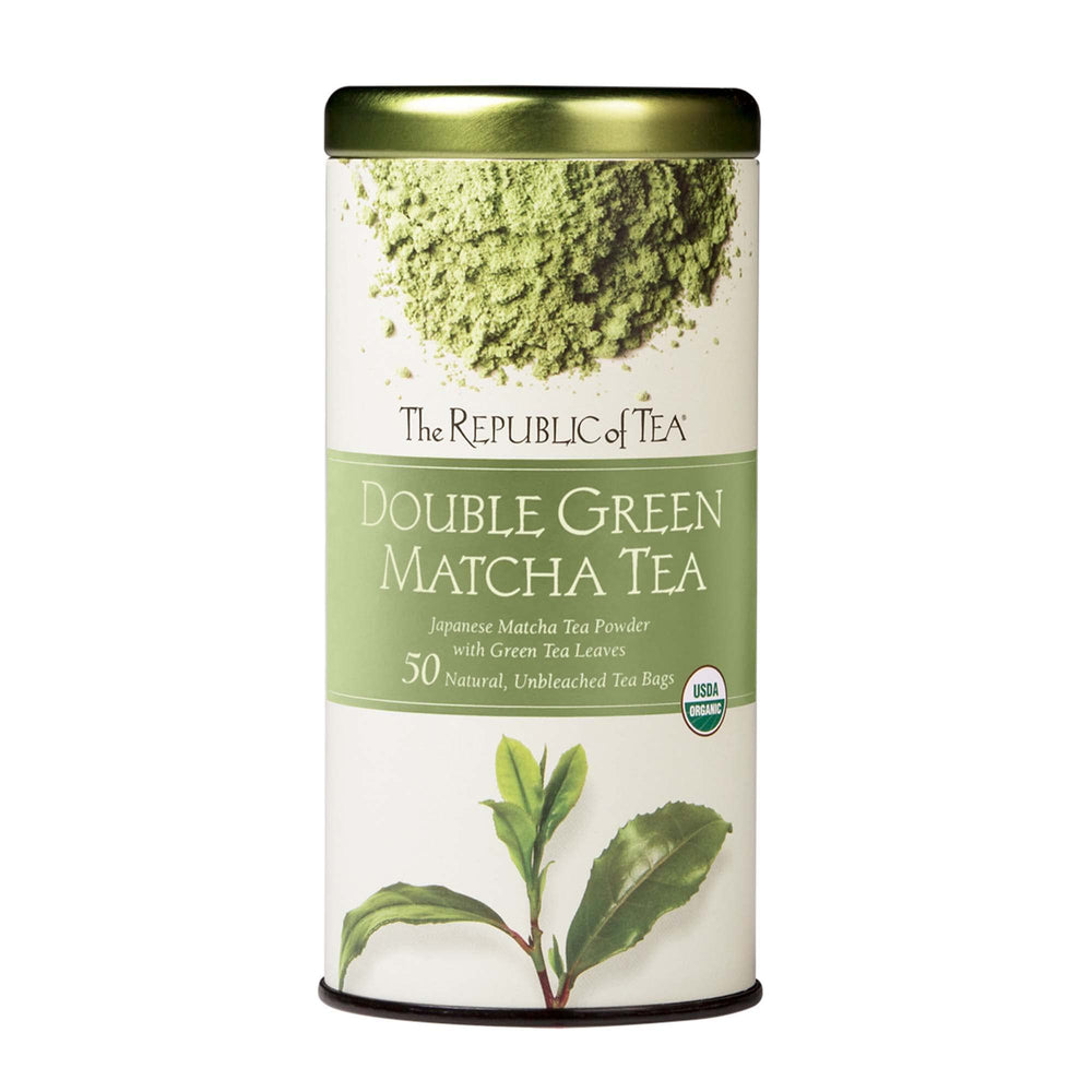 The Republic of Tea Organic Double Green Matcha tea bag steeping for a smooth, refreshing cup.