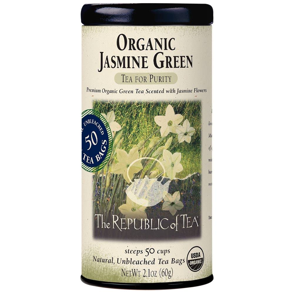 The Republic of Tea Organic Jasmine Green Tea bags offer a fragrant aroma and smooth brew.