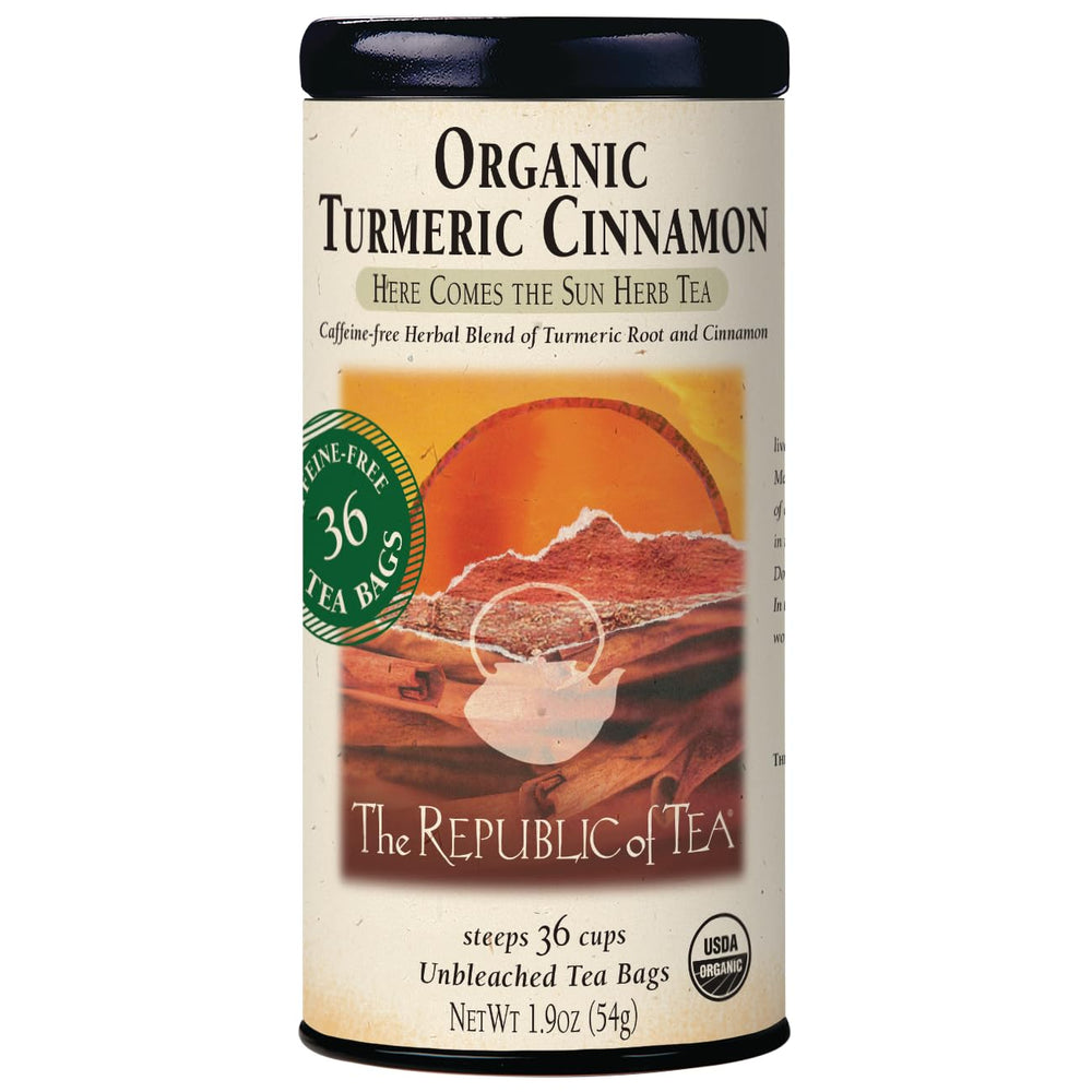 The Republic of Tea Organic Turmeric Cinnamon Tea bag provides rich aroma and caffeine-free comfort.
