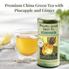 The Republic of Tea Pineapple Ginger Daily Green Tea tin label, premium ingredients highlighted