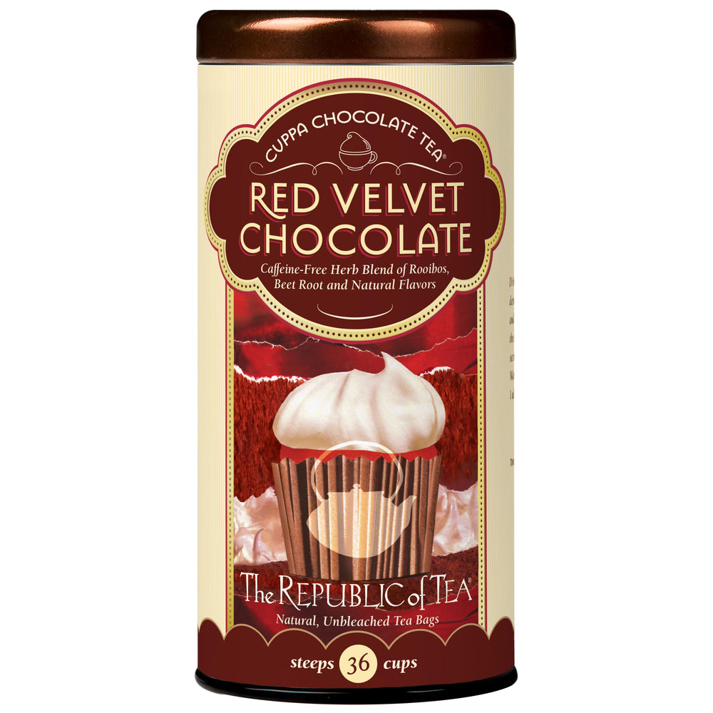 The Republic of Tea Red Velvet Cuppa Chocolate tea bags in a festive box.