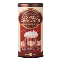 The Republic of Tea cup with Red Velvet Cuppa Chocolate tea, steaming smoothness.
