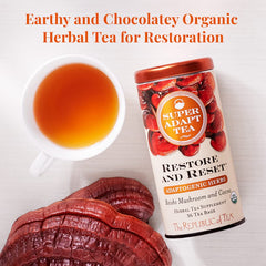 Close-up of Restore and Reset tea bags highlighting the organic blend.