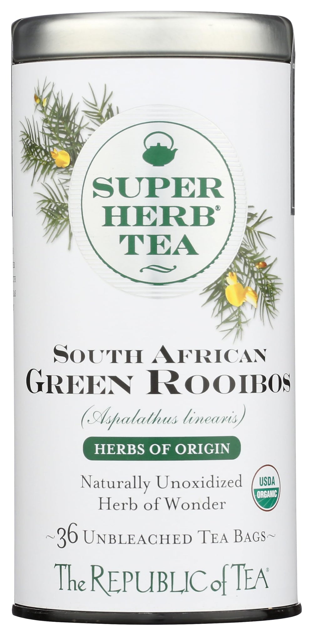 The Republic of Tea rooibos superherb tin with 36 tea bags, caffeine-free.