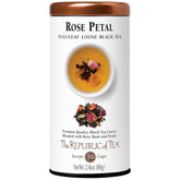 The Republic of Tea rose-petal full-leaf loose tea tin with premium leaves.