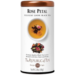 The Republic of Tea rose-petal full-leaf loose tea tin with premium leaves.