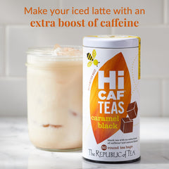 A 6 oz cup steeping with HiCAF caramel black tea and inviting aroma.