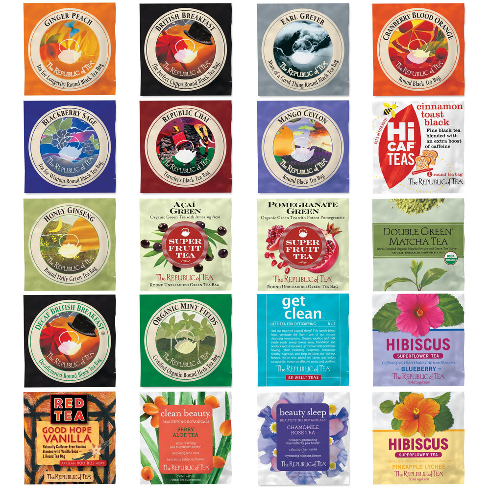 The Republic of Tea tea bag assortment pack offers varied flavors for tastings.