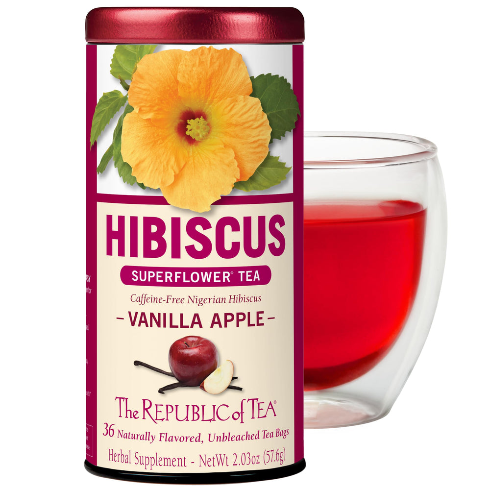 The Republic of Tea Vanilla Apple Hibiscus tea box for a fragrant evening.