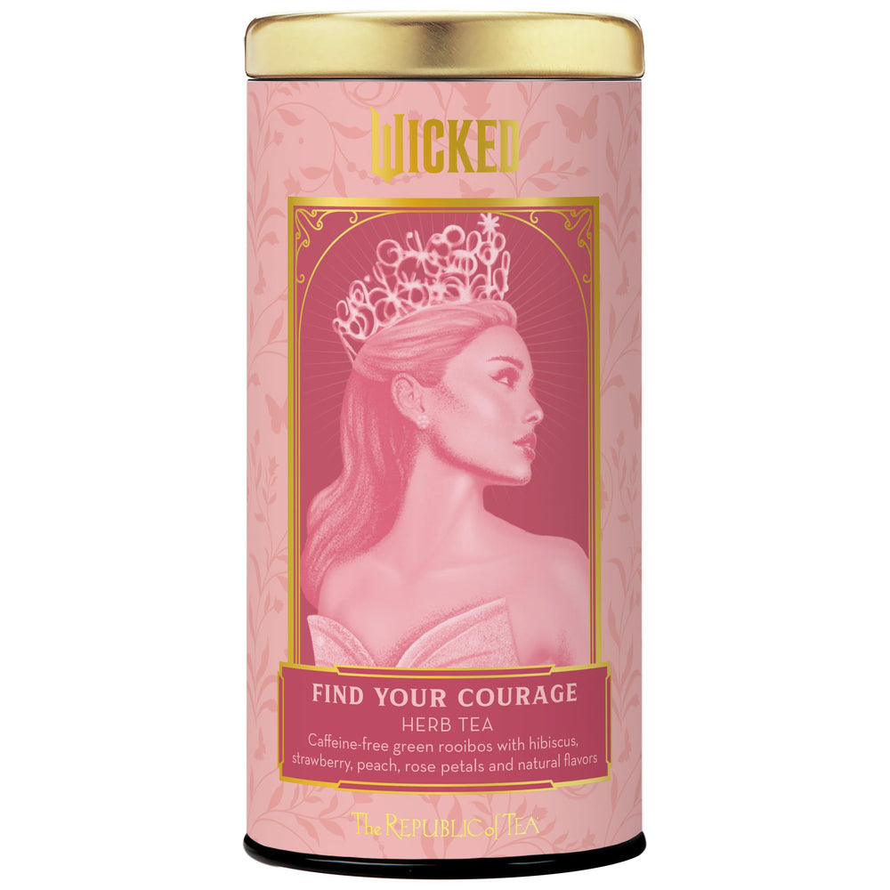 The Republic of Tea Wicked Find Your Courage tea bag in cup, calming herbal aroma.