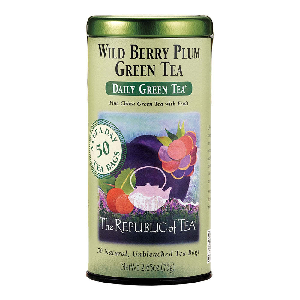 The Republic of Tea Wild Berry Plum Green Tea box for soothing daily rituals.