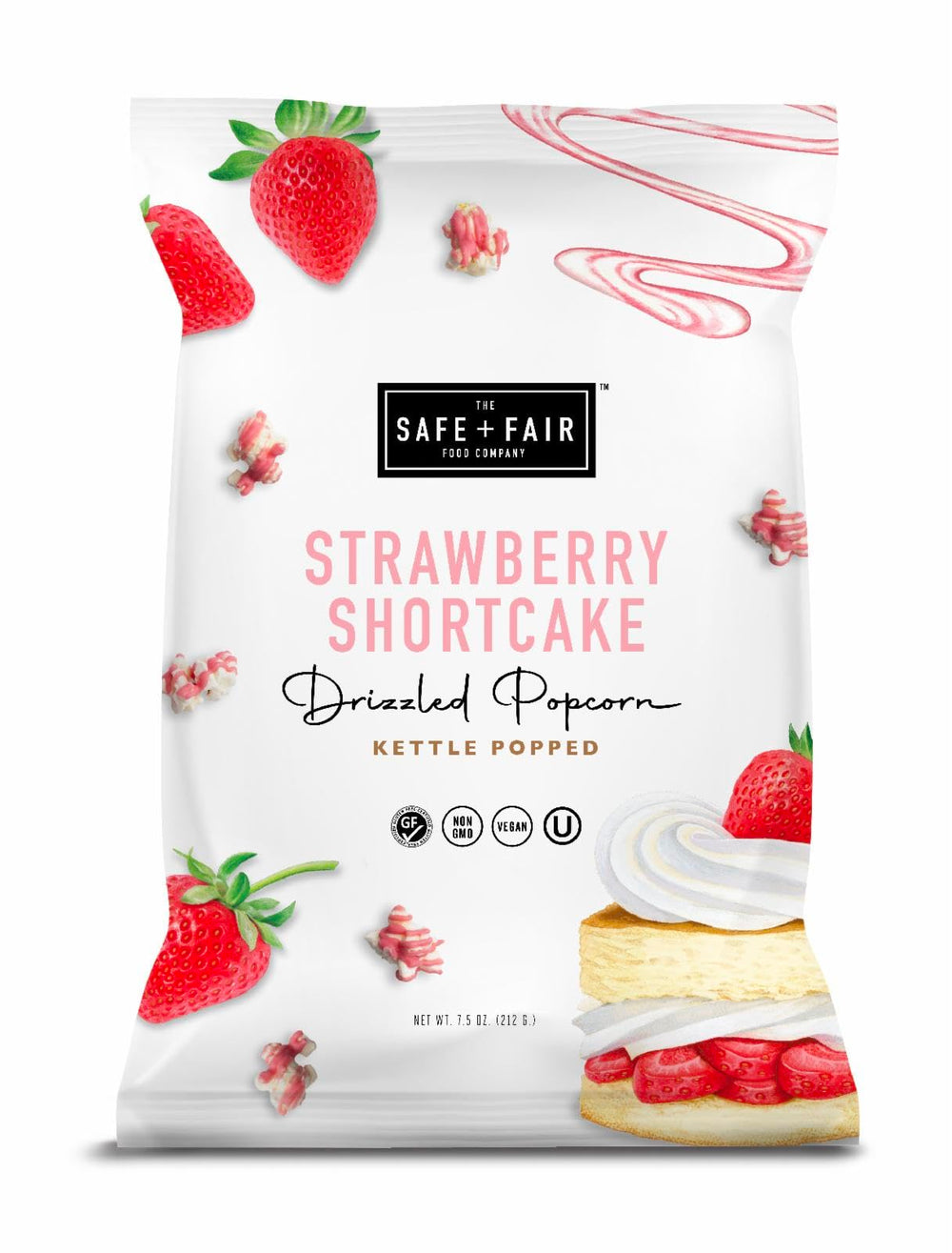 The Safe + Fair Strawberry Shortcake Drizzled Kettle Corn bag; a gluten-free snack to share.