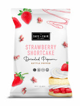 The Safe + Fair Strawberry Shortcake Drizzled Kettle Corn bag; a gluten-free snack to share.