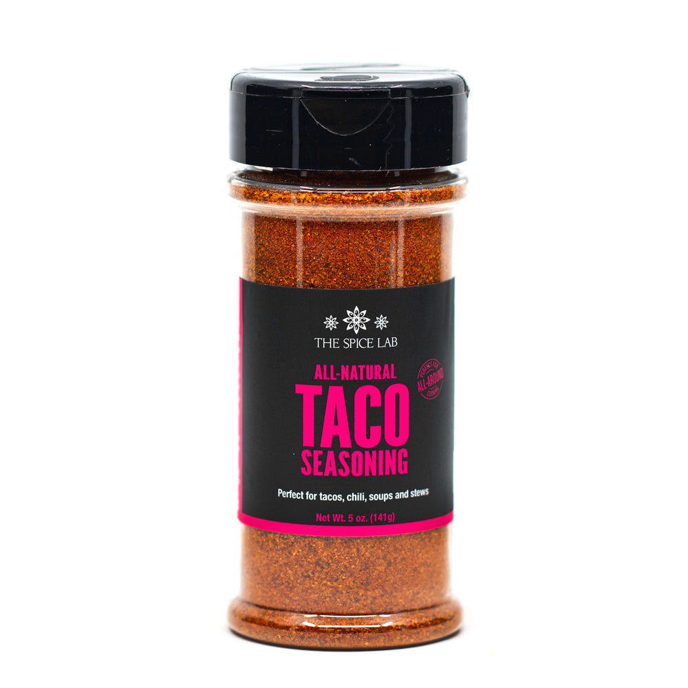 The Spice Lab Taco Seasoning jar front view, all natural gluten free blend for tacos