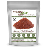 The Spice Way ancho chile powder in a resealable bag showing 100% pure chili.