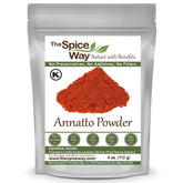 The Spice Way annatto powder 4oz pack adds vibrant color to sauces and dishes.