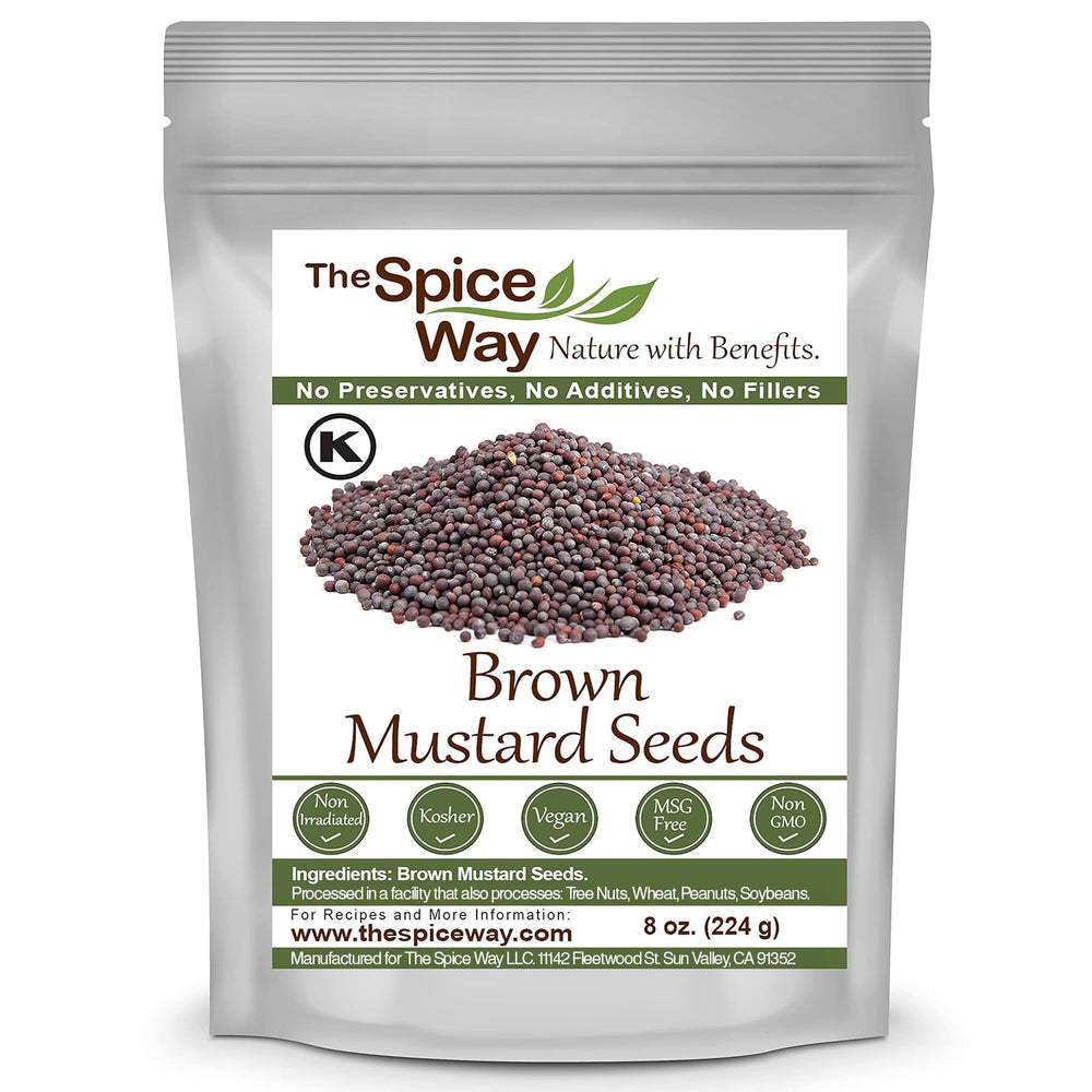 The Spice Way Brown Mustard Seeds, whole 8 oz, ideal for sauces and spice blends.