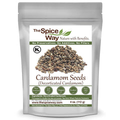 The Spice Way Cardamom Decorticated pod closeup shows bright seeds for cooking