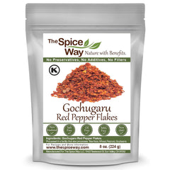 The Spice Way Gochugaru bottle closeup showing premium red flakes for kimchi.