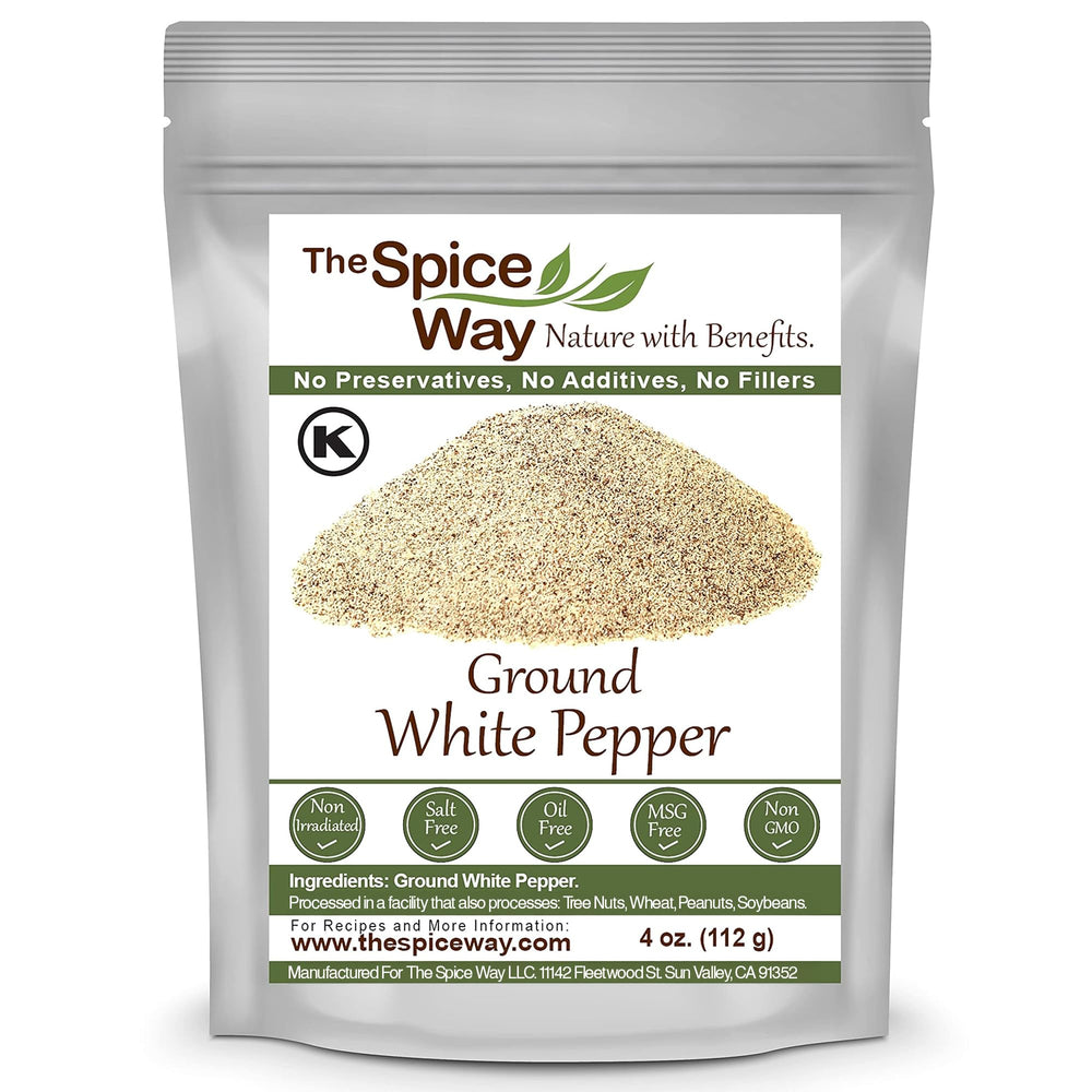 The Spice Way Ground White Pepper bag adds earthy brightness to poultry and sauces.