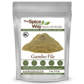 The Spice Way gumbo file packaging shows premium sassafras leaves for authentic flavor
